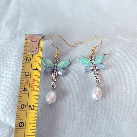 Dragonfly with Colorful Faux Opal Pearl AB Rhinestones Dangle Earrings - Picture 4 of 5